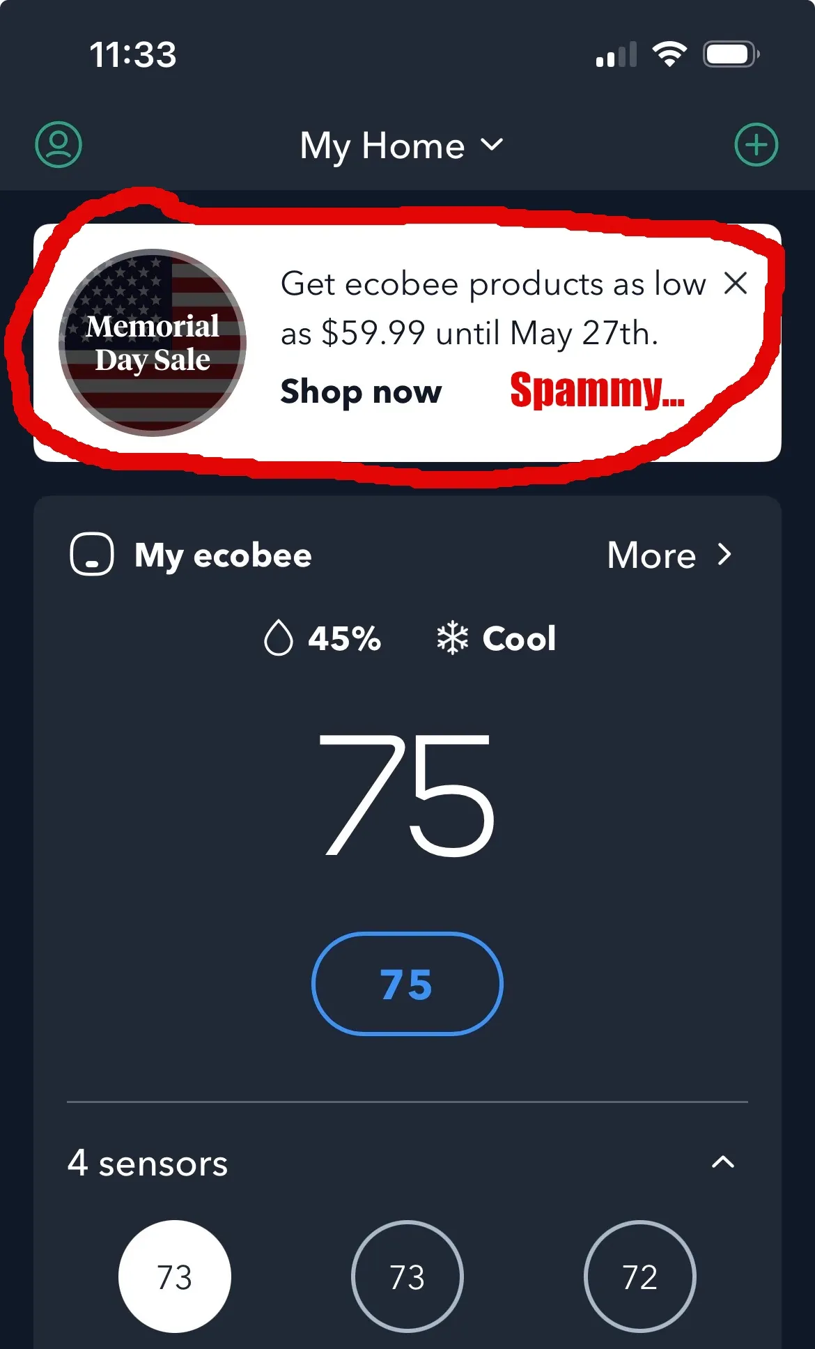 Ecobee app screenshot showing banner ad