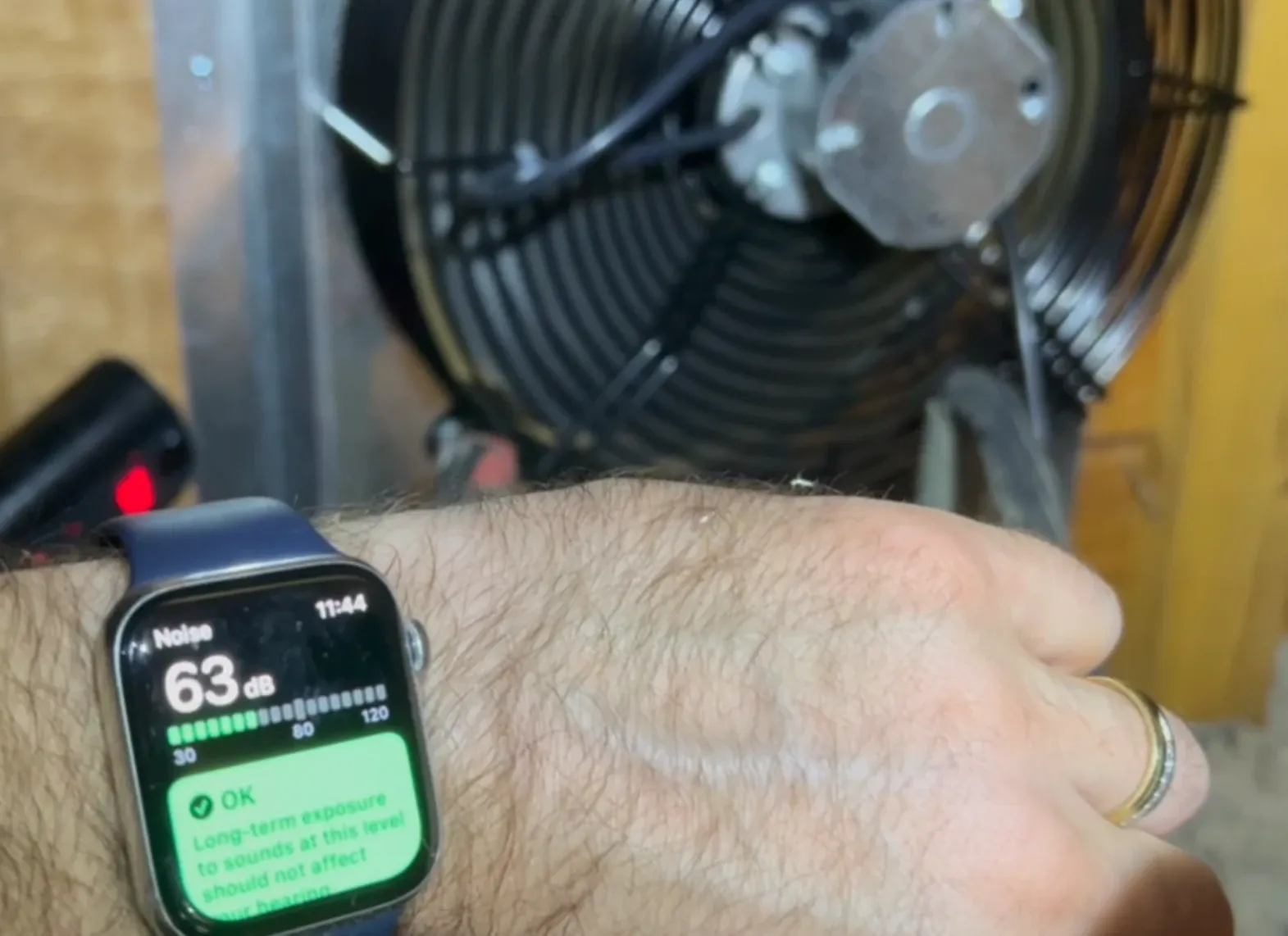 CentricAir gable attic fan noise level reading of 63 dBA on the Apple Watch Noise app
