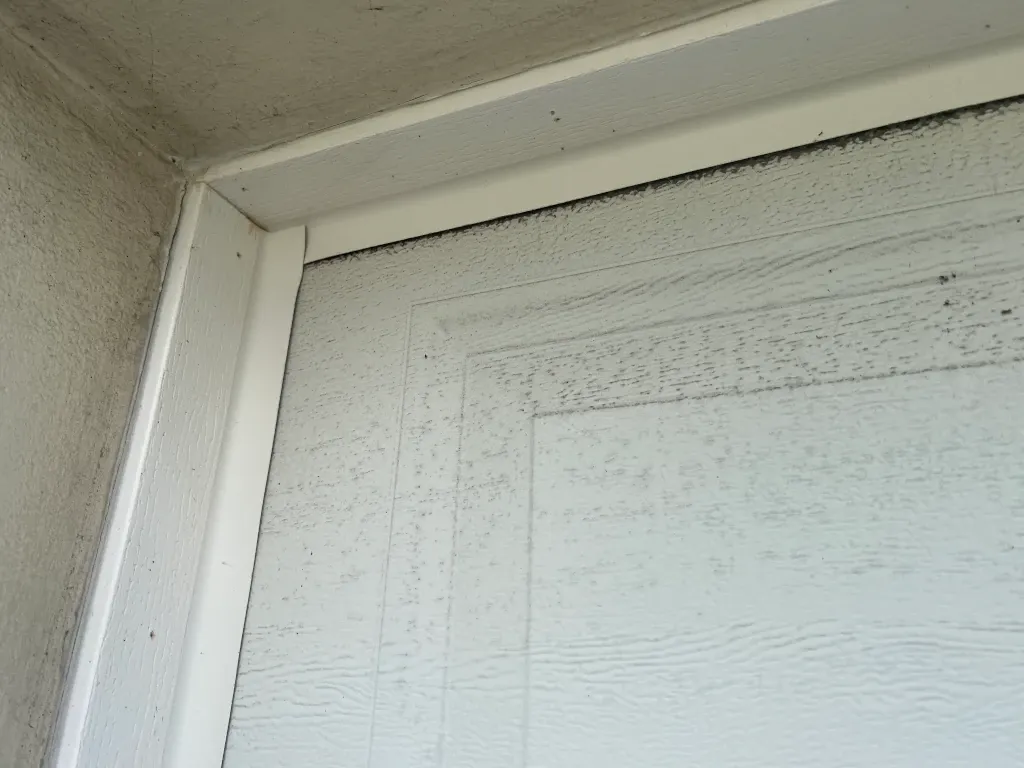 Exterior shot of new trim and weather stripping on garage door