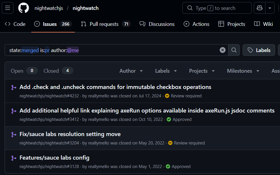 Merged open source contributions to the Nightwatch.js repository by David Mello