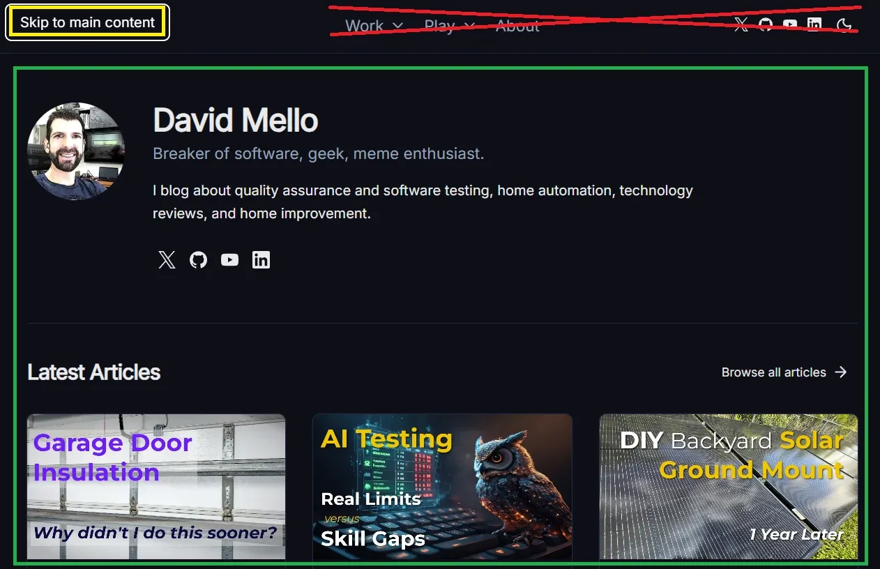 Screenshot of www.davidmello.com showing the skip link focused at the top of the page, header navigation elements marked in red to bypass, and the main content area highlighted in green as the destination