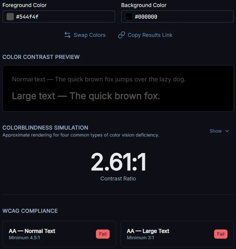 Screenshot of color contrast interface with #544f4f and #000000 combination showing a contrast violation
