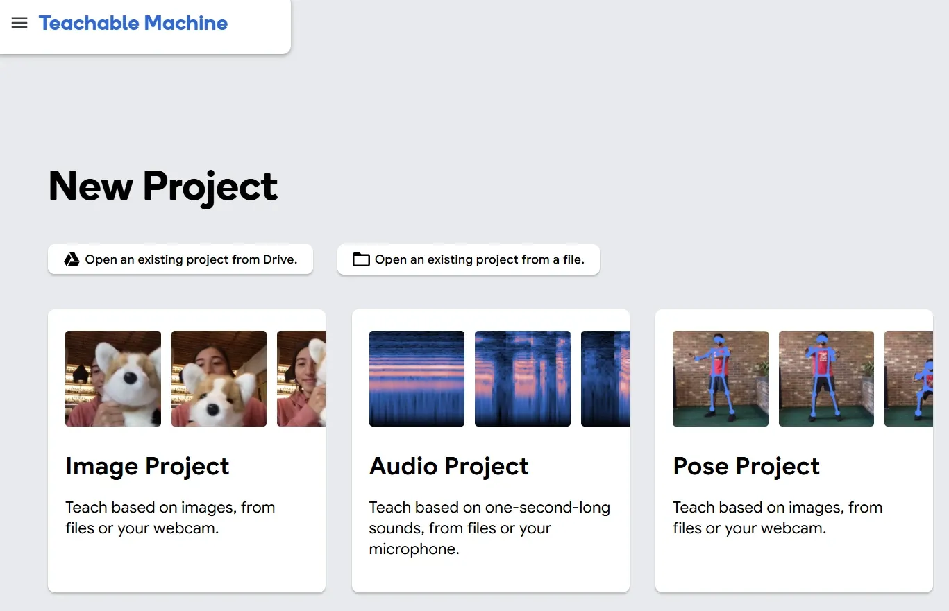 Google Teachable Machine entry screen