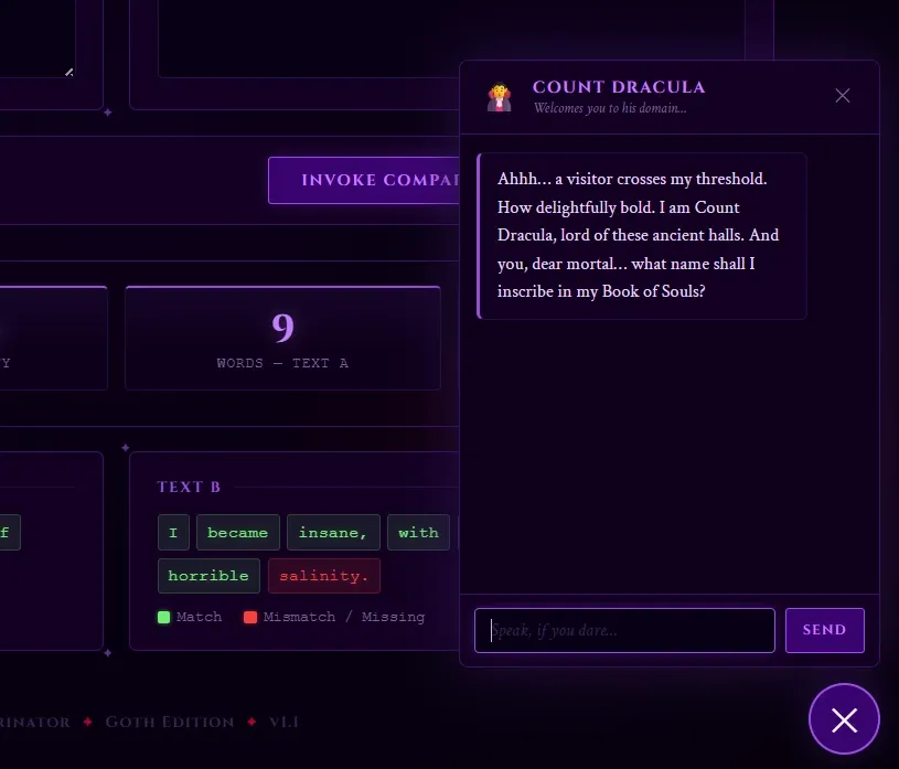 Count Dracula AI chatbot contact form embedded as a floating widget in the Comparinator Goth Edition
