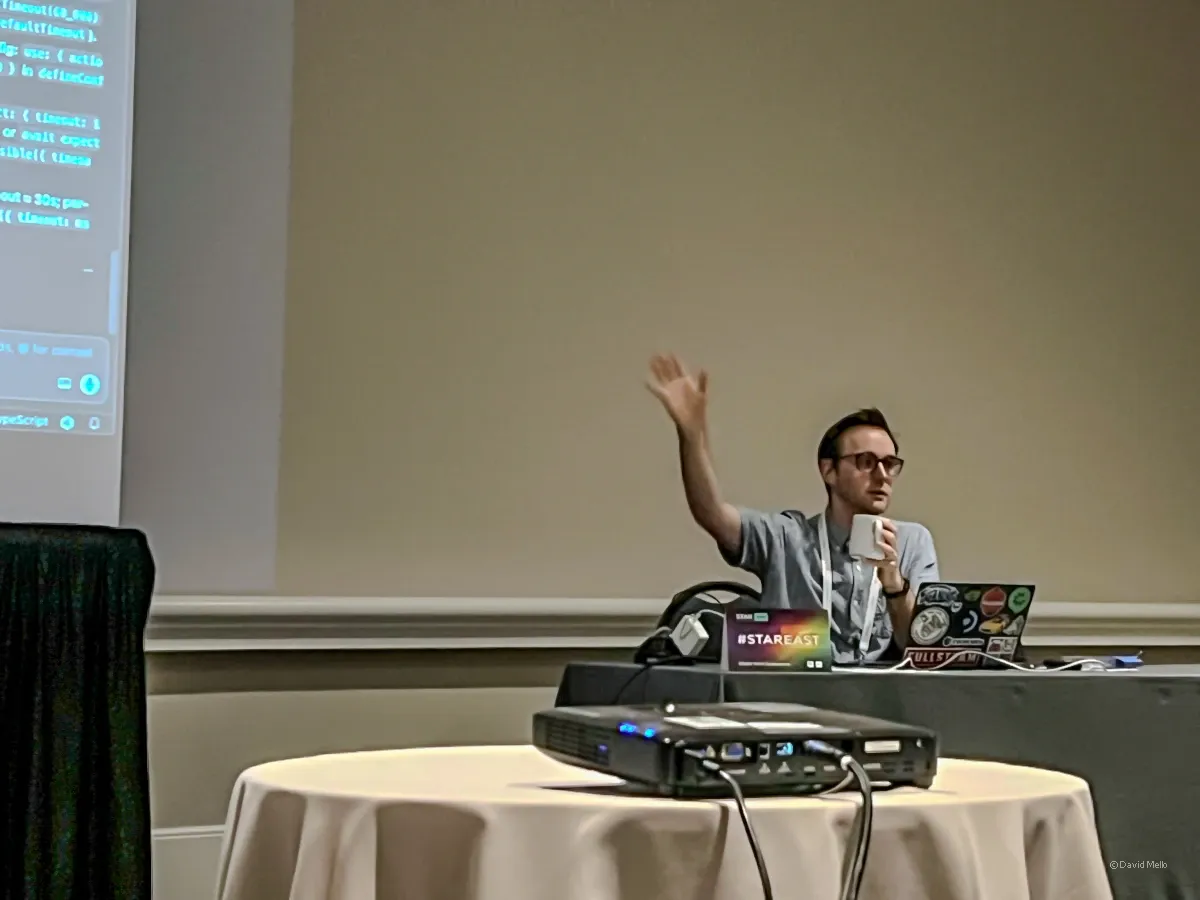 Andy Knight presenting his Playwright and AI tutorial at StarEast 2026