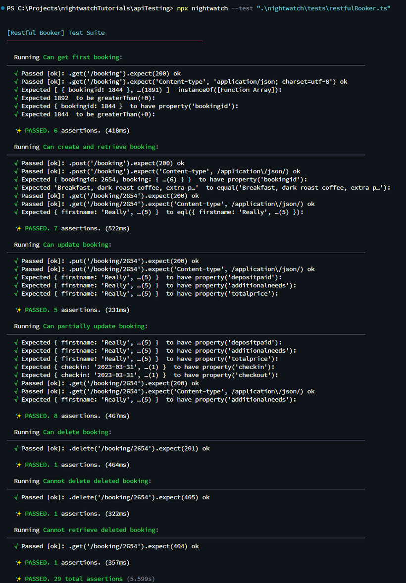 Nightwatch API Test Output