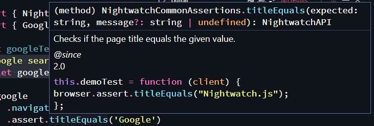 Nightwatch intellisense for titleEquals